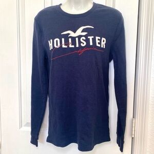 Hollister Navy Waffle Knit Long Sleeve Tee with Logo
